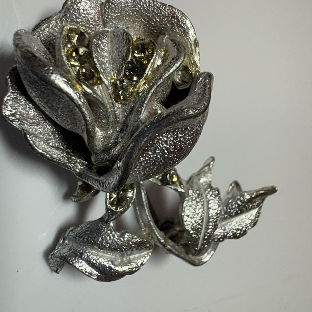 Vintage Silver Floral Brooch with Green rhinestone Accents